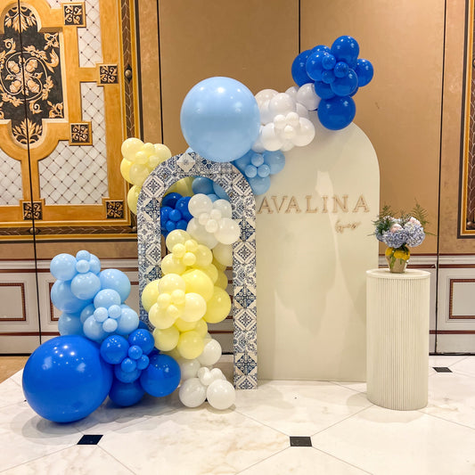 Pastel Yellow Pastel Blue Royal Blue White Italian Positano Almafi Coast Professional Balloon Arch Garland Kit - Balloons And Accessories From A Pro Artist - Bridal Baby Shower