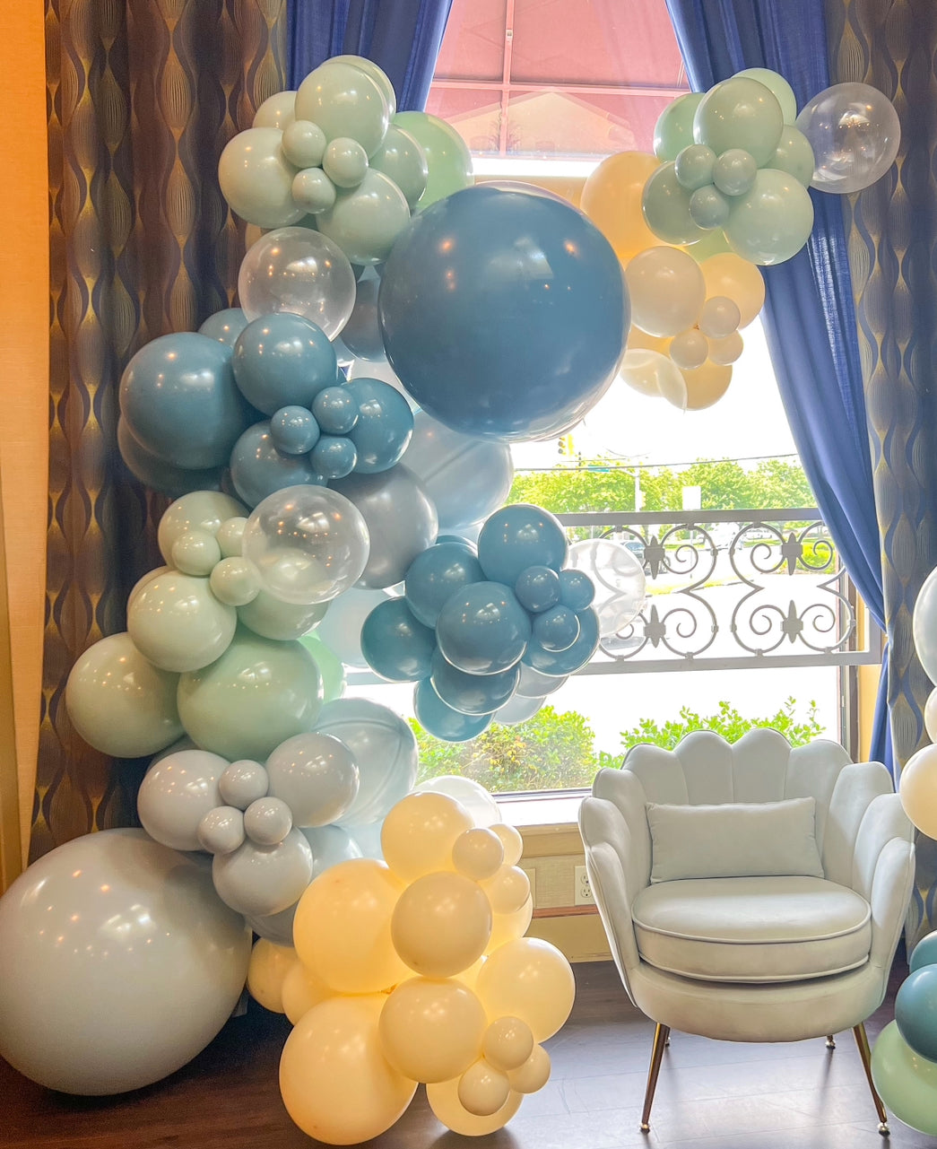 Dusty Blue Mint Green Blue Slate Ivory Lace Clear Bubbles Surfs Up Baby On Board Professional Balloon Garland Arch Kit- Balloons + Accessories From A Pro Artist